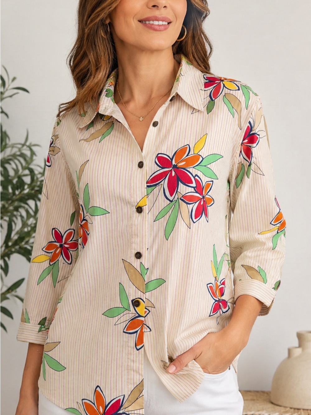 Alfred Dunner Cream Blouse with Multicolor Floral Motif